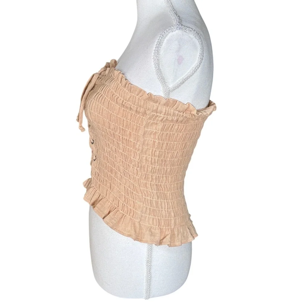 Intimately Free People Smocked Tube Top Lace Up Peach Ruffle Strapless Large EUC